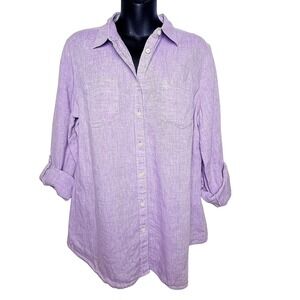 Talbots 100% Linen Lavender Long Sleeve Roll Tabs Sleeves Button Up Shirt Size L